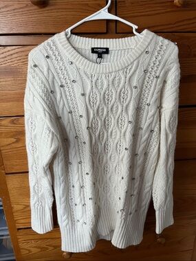 Express Cream Cable Knit Crewneck Sweater with Silver Bead Accents